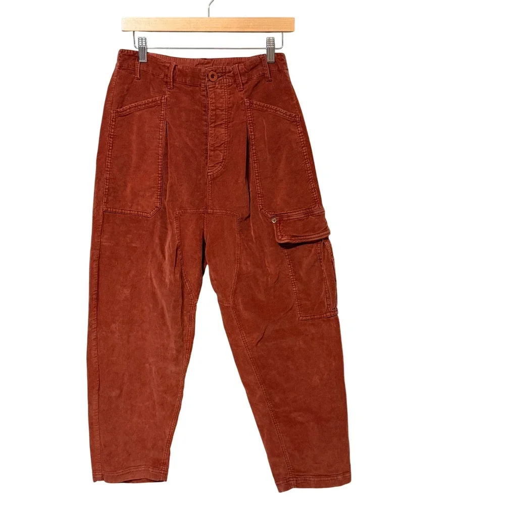 Free People Rust Orange Corduroy Cargo Tapered Pants High Rise Womens Size S